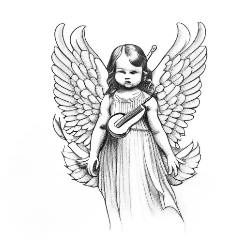 A Whimsical Blackwork Tattoo Of A Baby Angel Playing A Musical Instrument