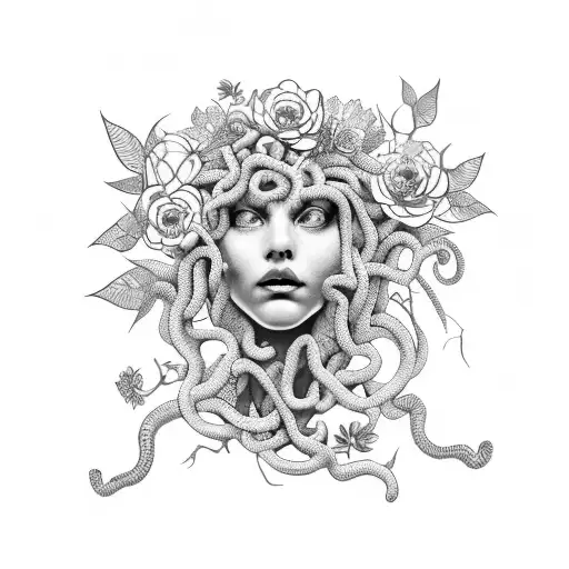 Medusa Head Witch With Flowers And Greenery Surrounding