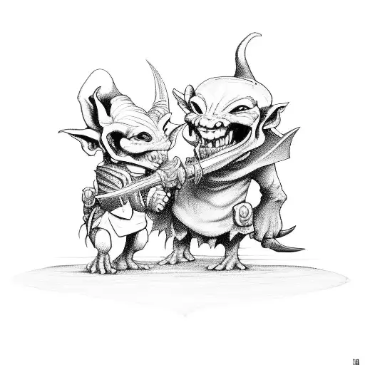 Goblin With A Dagger Holding His 3 Year Old Goblin Son Back From Harm