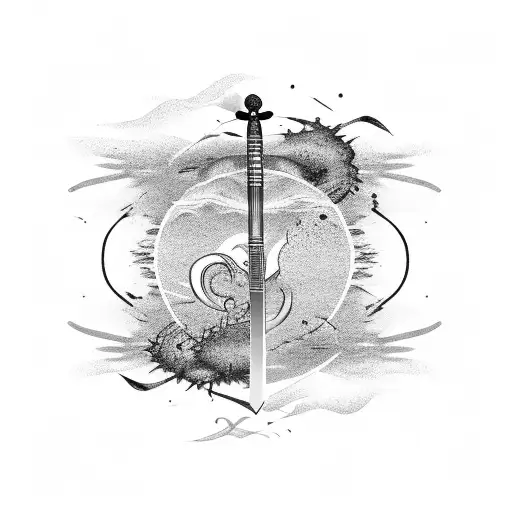 A Samurai Sword Embedded In The Sand With Musical Notes Swirling Around It