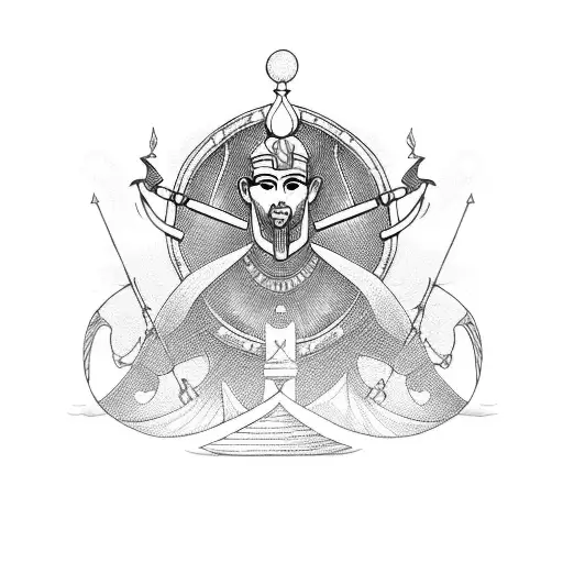 An Intricate Blackwork Tattoo Of An Egyptian Pharaoh Riding A Viking Longship