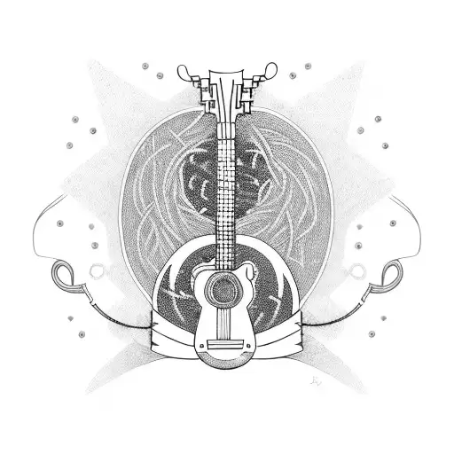 A Blackwork Tattoo Of A Guitar With Ethernet Cables Entwined Around It