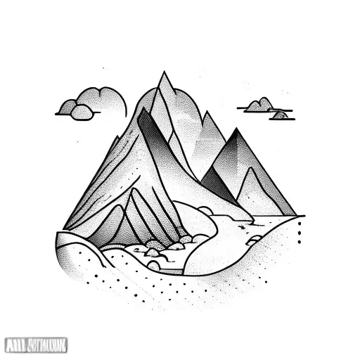 A Blackwork Tattoo Of A Tribal Mountain Landscape With A River Flowing Through