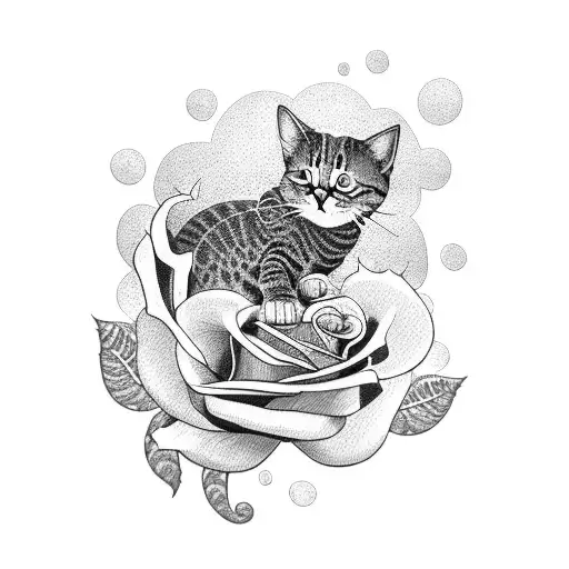 A Dotwork Tattoo Of A Cat Curled Up Inside A Blooming Rose