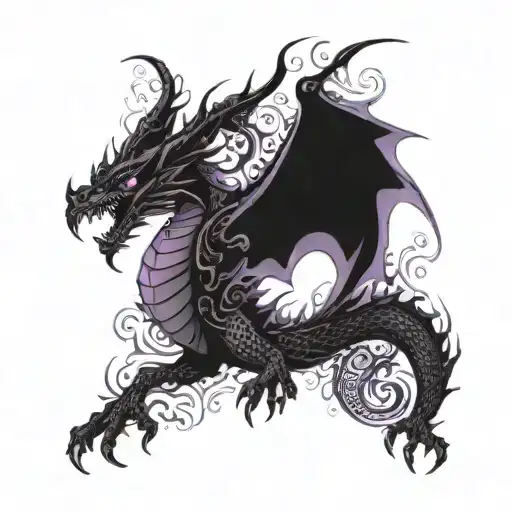 Black Dragon Rising From Purple Fire With Its Wings Spread Wide