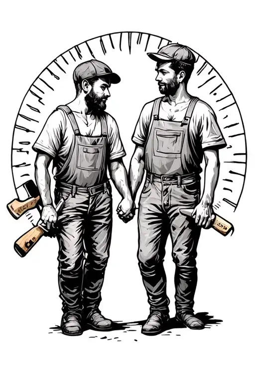 Father And Son Holding Hands With Carpenter Tools All Around And Compas