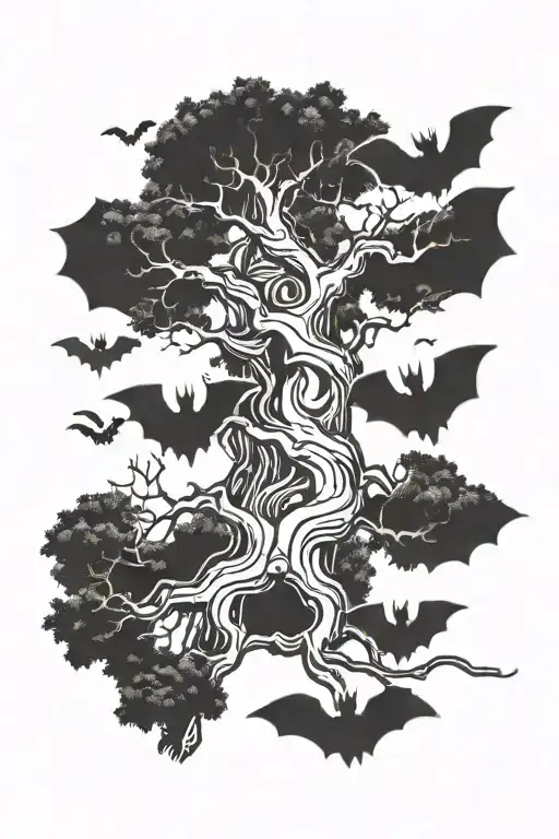 Lifeless Tree With Bats Flying