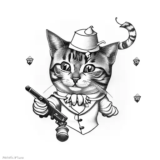 A Blackwork Tattoo Of A Cute Cat Playing A Game With A Jester Holding A Gun