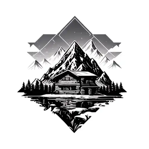 A Geometric Mountain Landscape Incorporating A Log Cabin