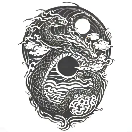 Japan Yin Yang Dragon Surrounded Clouds Waves And Peace And Lighting