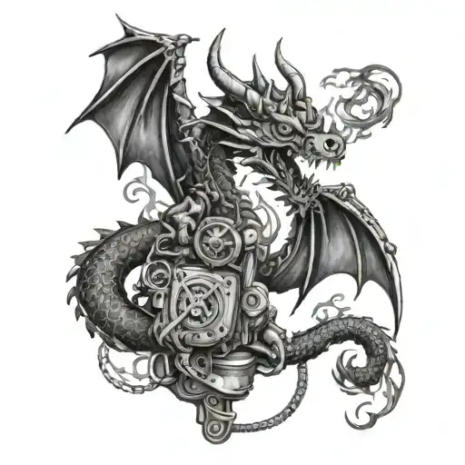 A Dragon Wrapped Around A Flaming Tattoo Machine
