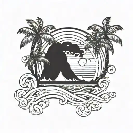 A Tropical Sunset Painting With Palm Trees And Ocean Waves