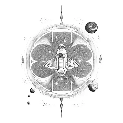 A Detailed Blackwork Tattoo Of A Spaceship Flying Through A Galaxy