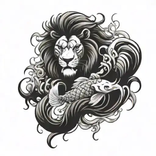 A Lion And Koi Fish Engaged In A Fierce Battle