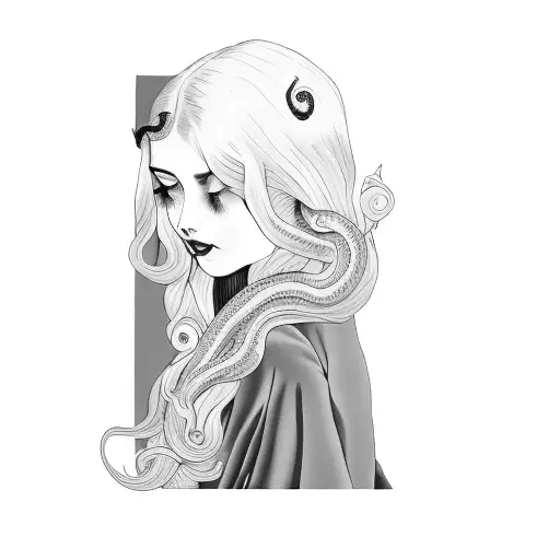 A Girl With Long Hair In Victorian Style With A Snake Coiling Up Her Shoulder