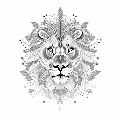 A Striking Blackwork Tattoo Of A Majestic Lion Surrounded By Lush Greenery And Delicate Flowers