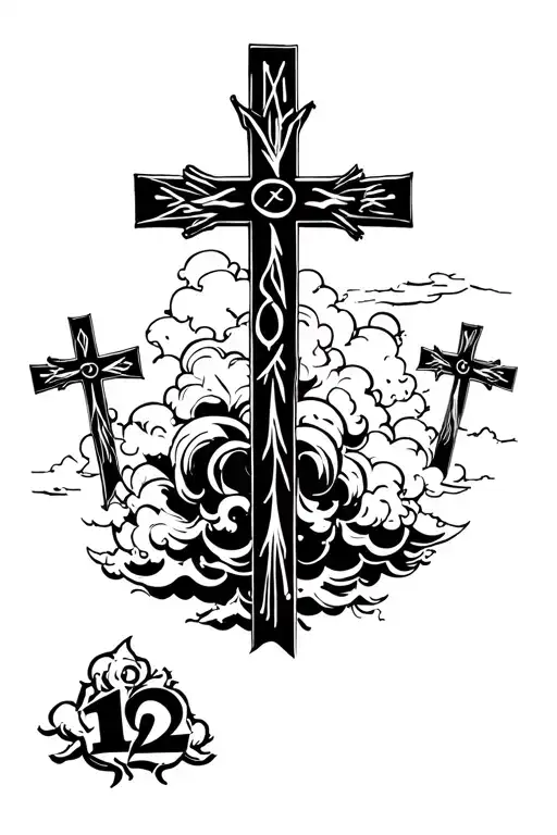 3 Crosses And Roman Numeral 12 With Clouds Surrounding