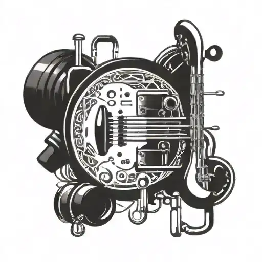 A Tattoo Design Combining Gym Equipment And Musical Instruments In A Creative Way