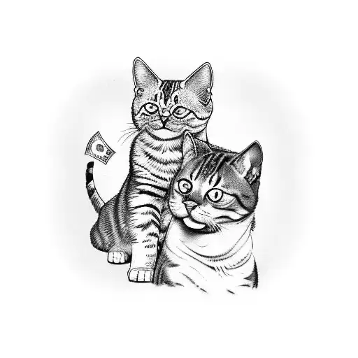 A Tattoo Design Of A Cat And A Dog Playing Together With Money Falling Around Them