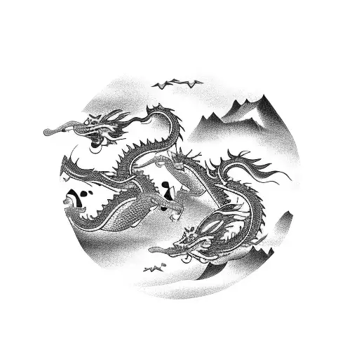 2 Chinese Dragons Flying Around Each Other In The Sky Protecting A Cross On A Mountain