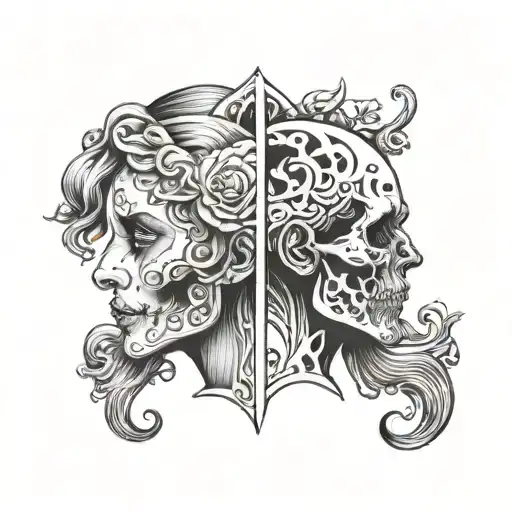 Janus Head Profile Skull And Lady