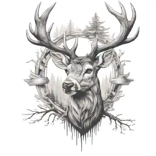 A Deer Head Facing Onwards On The Upper Arm With A Wood Design