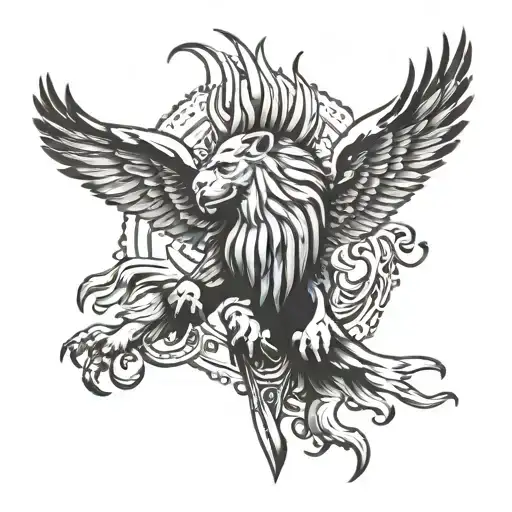 A Tattoo Design Combining A Lion And An Eagle Symbolizing Strength And Freedom