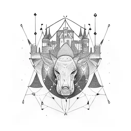 Abstract Head Made By Dots And Lines And A Castle In The Back