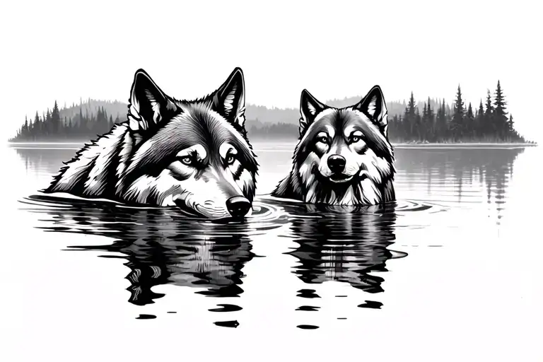 Wolf Looking In Water At Himself