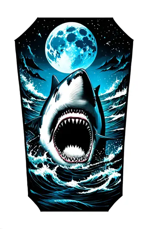 Great White Shark With A Blue Moon Above It