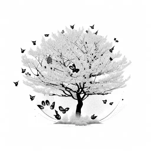 Cherry Blossom Tree With Butterflies Flying Around It