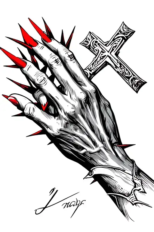 Hand Covered In Spikes And The Nails On The Fingers Are Red Holding A Catholic Cross