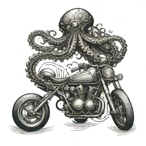 A Detailed Blackwork Tattoo Of A Determined Octopus Driving A Motorcycle Underwater