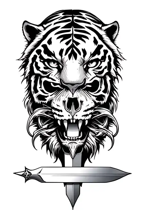 Face Of A Tiger And A Skull With A Sword In Trival