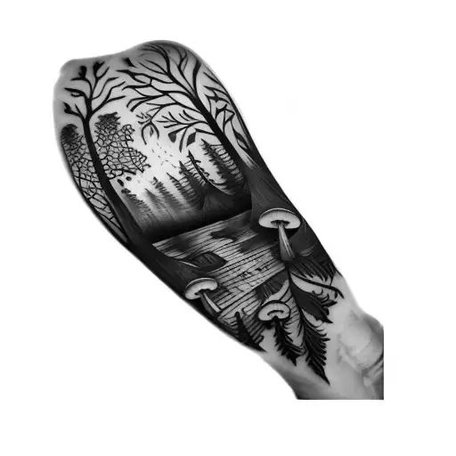 A Forest With Trees And Mushrooms