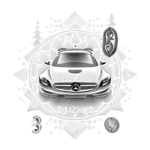 A Tattoo Showcasing A Luxurious Mercedes Car Surrounded By Money Symbols In A Dotwork Style