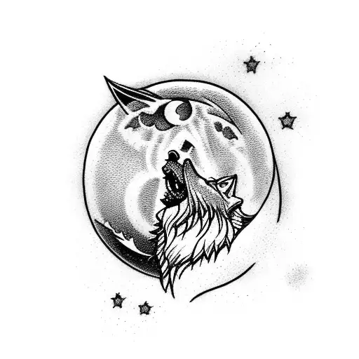 A Majestic Wolf Howling At The Moon And Inside Moon 2 Koi Fish With Peace