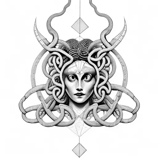 Medusa With Geometric Shapes And Triangles Behind Her