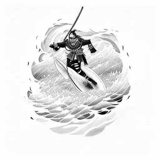 A Samurai Warrior Riding A Giant Wave With A Shark Swimming Beside Him