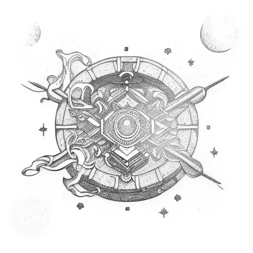 An Intricate Blackwork Tattoo Of A Wine Barrel With A Sagittarius Constellation Swirling Inside