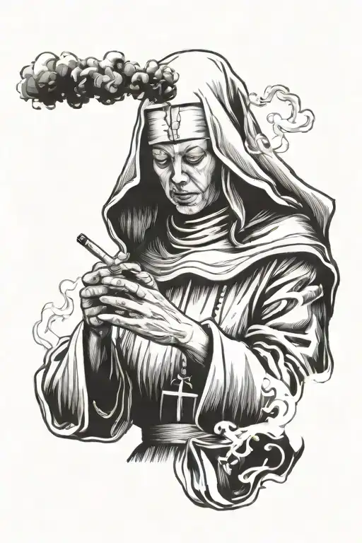 Beautiful Nun With A Cigarette In Her Hand Smokes And Releases Smoke