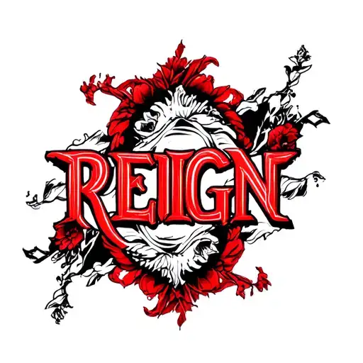 Black White Red Full Neck Tattoo Word Reign With Sky Background And Shading