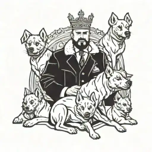 A Boss Standing Confidently With A Crown And A Pack Of Loyal Dogs By Their Side