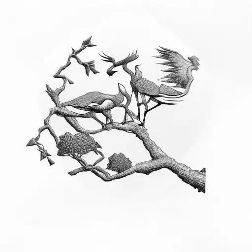 M C Escher Style Of Tree And Interlocking Crane Birds Minimalist Black And White With Kitsune