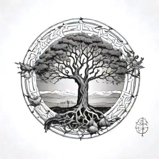 Tree Of Life In A Circle With Mountains In The Background And Birds Flying