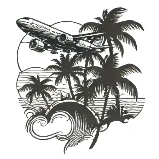 A Airplane Flying Over A Beach With Palm Trees Growing