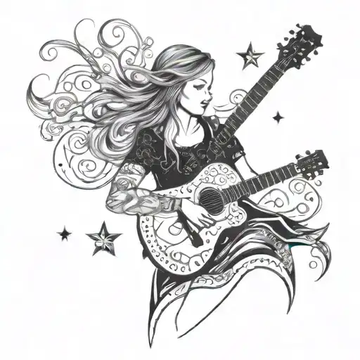 A Cute Girl Playing A Guitar With Intricate Blackwork Details