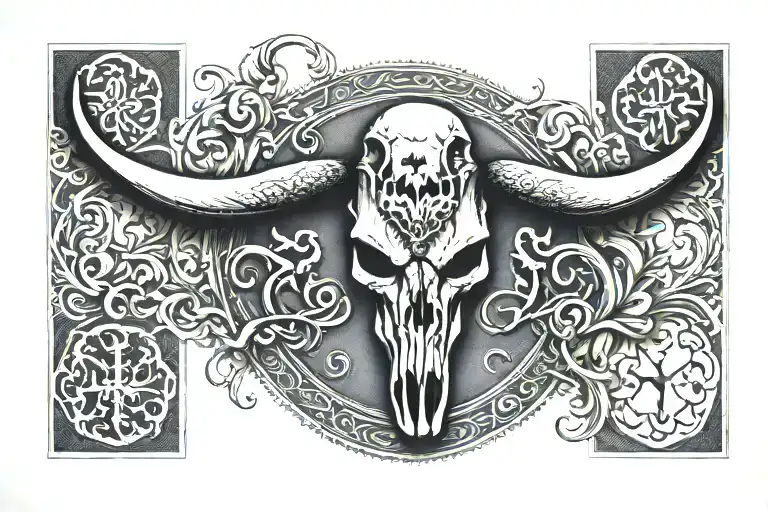 Tooled Leather With Cross And Longhorn Skull