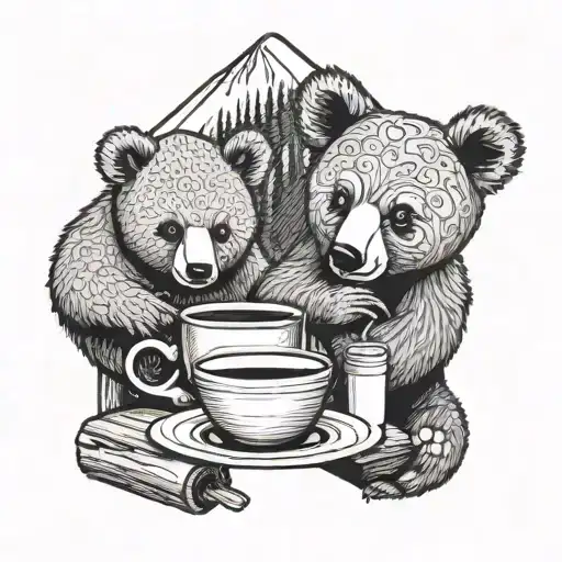 A Tattoo Design Of A Bear And A Koala Sharing A Cup Of Coffee In A Cozy Mountain Cabin