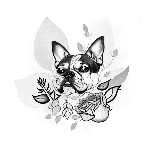 A Tattoo Of A Dog Surrounded By Flowers And Leaves